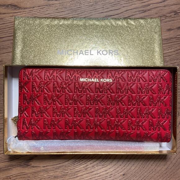NWT MSRP$258 Michael Kors Jet Set Travel Crimson Zip Around Long Wallet Gift Box - Picture 1 of 5